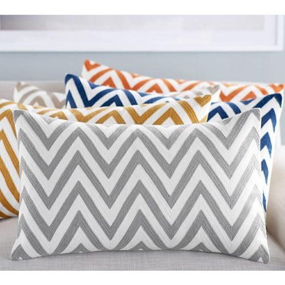 Pottery Barn Chevron Crewel Embroidered Lumbar Pillow Cover Grey
